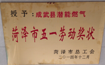 成武县Z6尊龙凯时燃气有限公司获得2014年度“菏泽市五一劳动奖状”及“菏泽市学习型组织标兵单位”称号